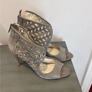 Gray suede open toe heels